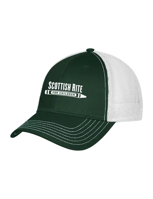 Dark Green/White Mesh Trucker Cap Snap Back w/Scottish Rite for Children Logo