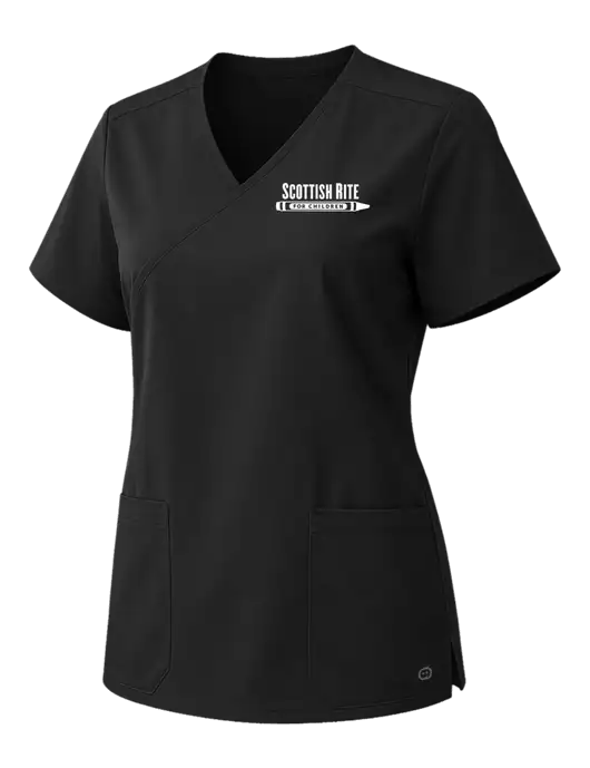 Wink Black Womens WorkFlex Mock Wrap Top w/Scottish Rite for Children Logo