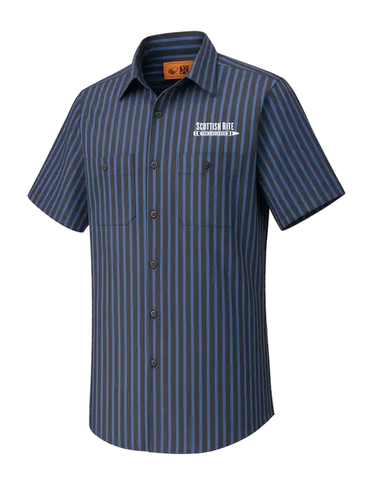 Red Kap Short Sleeve Striped Dark Grey/Royal Blue Industrial Work Shirt w/Scottish Rite for Children Logo