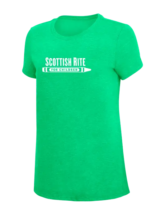 Womens Simply Soft Green Frost 4.5oz Poly/Combed Ring Spun Cotton T-Shirt w/Scottish Rite for Children Logo
