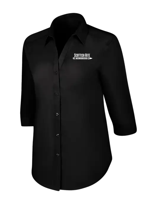 Womens Black 3/4 Sleeve Carefree Poplin Shirt w/Scottish Rite for Children Logo