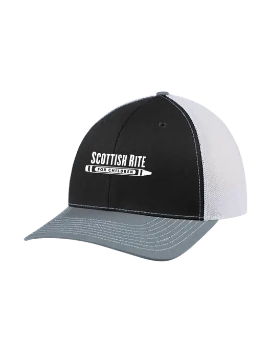 Richardson Adjustable Snapback Original 112 Trucker Cap Black/Light Heather Grey/White Mesh w/Scottish Rite for Children Logo