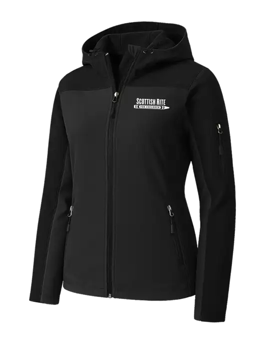 Womens Hooded Core Black Soft Shell Jacket w/Scottish Rite for Children Logo
