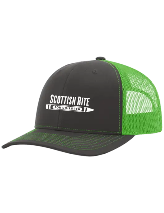Richardson Adjustable Snapback Original 112 Trucker Cap Charcoal Grey w/Neon Green Mesh w/Scottish Rite for Children Logo