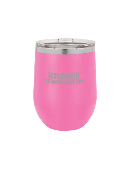 Polar Camel 12 oz Powder Coated Pink Vacuum Insulated Stemless Wine Tumbler w/Scottish Rite for Children Logo