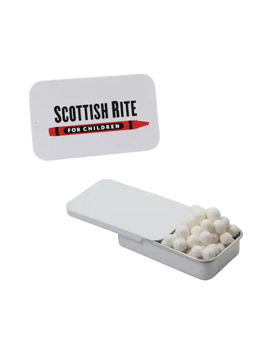 Signature Peppermints In White Slider Tin w/Scottish Rite for Children Logo