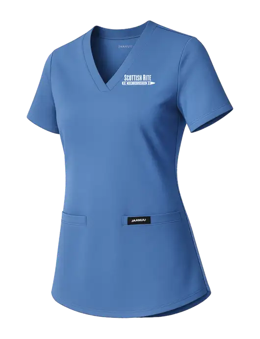 Jaanuu Womens Carolina Blue Cesi Ultrasoft Scrub V-Neck Top w/Scottish Rite for Children Logo