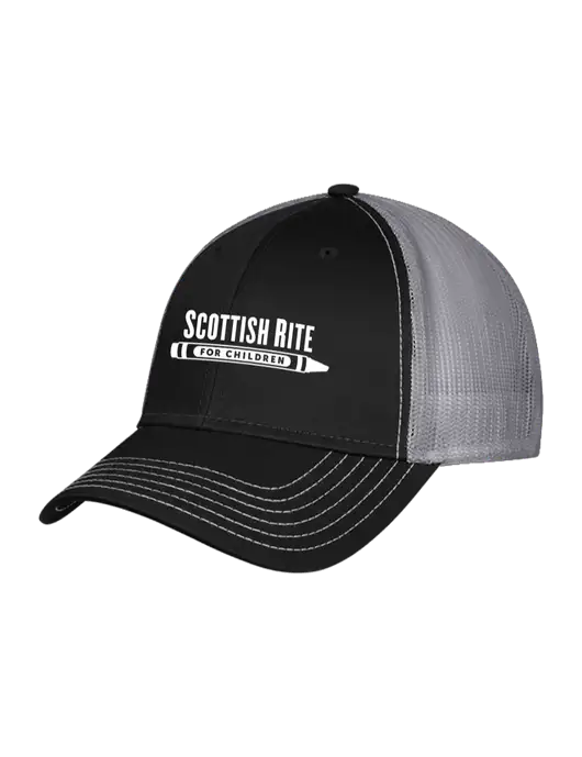 Black/Medium Dark Grey Mesh Trucker Cap Snap Back w/Scottish Rite for Children Logo