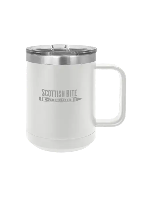 Polar Camel 15 oz Powder Coated White Vacuum Insulated Mug with Slider Lid w/Scottish Rite for Children Logo