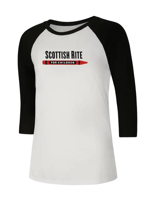 Womens Simply Soft 3/4 Sleeve Black/White Ring Spun Cotton T-Shirt w/Scottish Rite for Children Logo