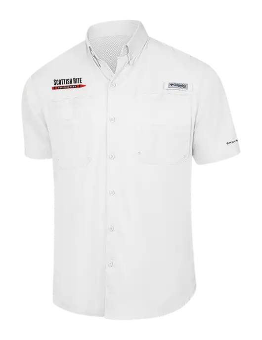 Columbia White PFG Tamiami II Short Sleeve Shirt w/Scottish Rite for Children Logo