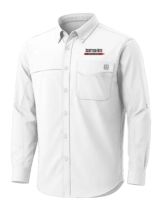 HUK White Tide Point Pocket Long Sleeve Fishing Shirt w/Scottish Rite for Children Logo