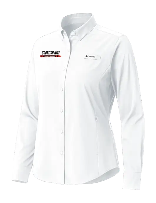 Columbia White Womens PFG Tamiami II Long Sleeve Shirt w/Scottish Rite for Children Logo
