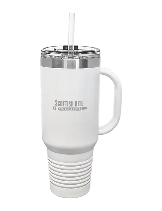 Polar Camel 40 oz. Powder Coated Vacuum Insulated White Travel Mug with Straw w/Scottish Rite for Children Logo