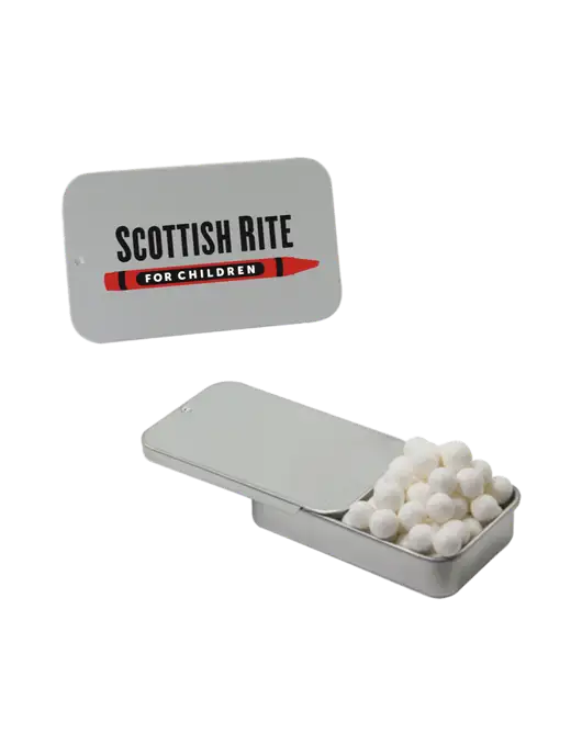 Signature Peppermints In Silver Slider Tin w/Scottish Rite for Children Logo