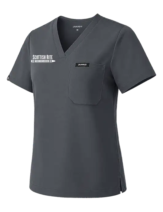 Jaanuu Womens Rhena Essential Dark Grey 1-Pocket Scrub V-Neck Top w/Scottish Rite for Children Logo