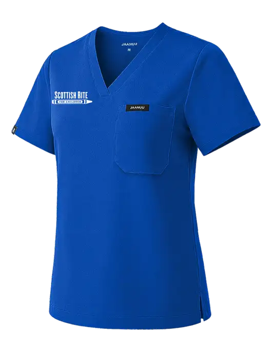 Jaanuu Womens Rhena Essential Dark Royal 1-Pocket Scrub V-Neck Top w/Scottish Rite for Children Logo