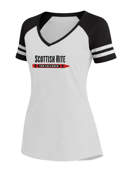 Womens White/Black V-Neck Game Tee w/Scottish Rite for Children Logo