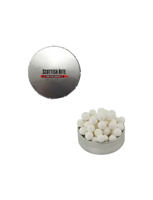 Signature Peppermints In Silver Snap Top Tin  w/Scottish Rite for Children Logo