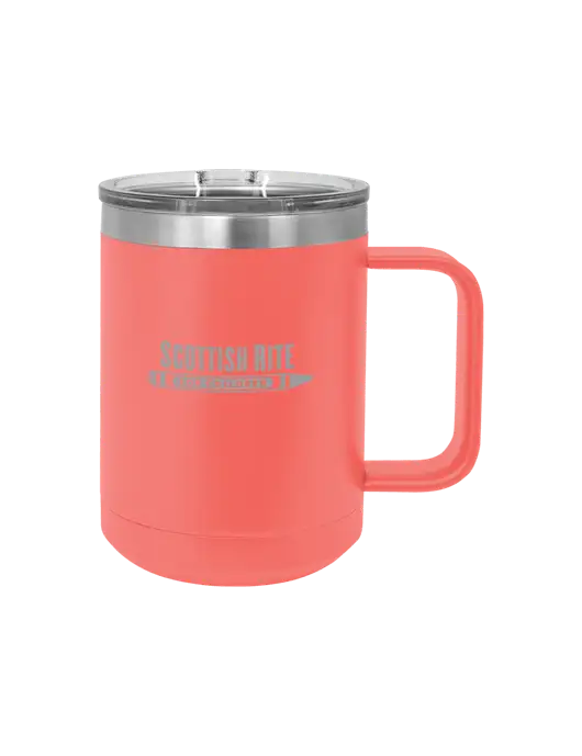 Polar Camel 15 oz Powder Coated Coral Vacuum Insulated Mug with Slider Lid w/Scottish Rite for Children Logo