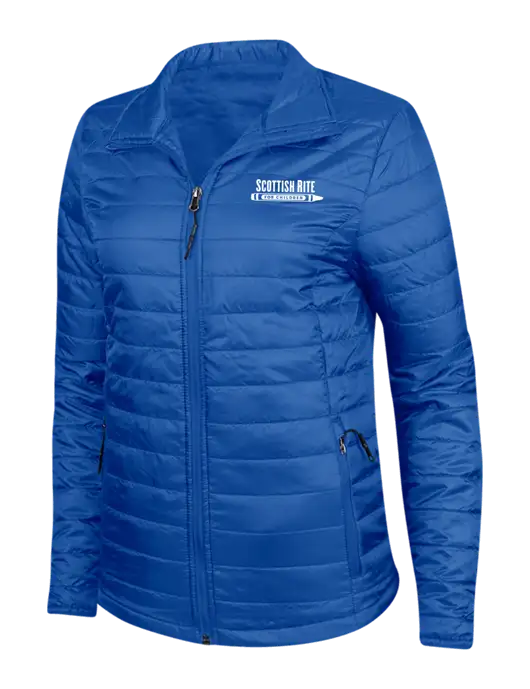 Dark Royal Blue Womens Puffy Packable Jacket w/Scottish Rite for Children Logo