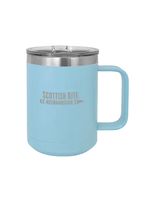 Polar Camel 15 oz Powder Coated Light Blue Vacuum Insulated Mug with Slider Lid w/Scottish Rite for Children Logo