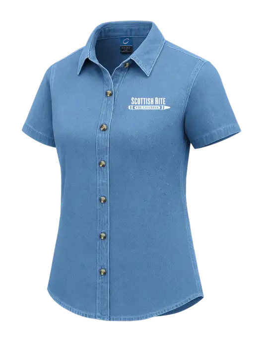 Womens Short Sleeve Light Blue Denim Shirt w/Scottish Rite for Children Logo