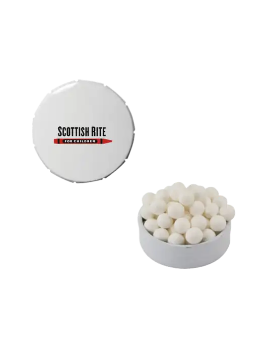 Signature Peppermints In White Snap Top Tin  w/Scottish Rite for Children Logo