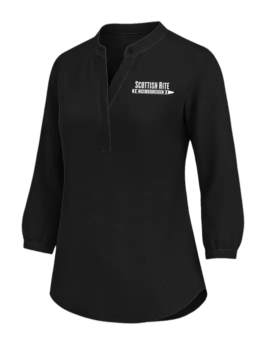Womens Three Quarter-Sleeve Textured Black Crepe Tunic w/Scottish Rite for Children Logo