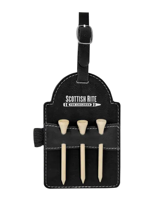 Black Leatherette Golf Bag Tag with 3 Wooden Tees w/Scottish Rite for Children Logo