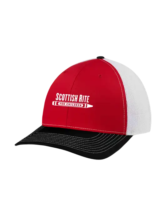 Richardson Adjustable Snapback Original 112 Trucker Cap Black/Red/White Mesh w/Scottish Rite for Children Logo