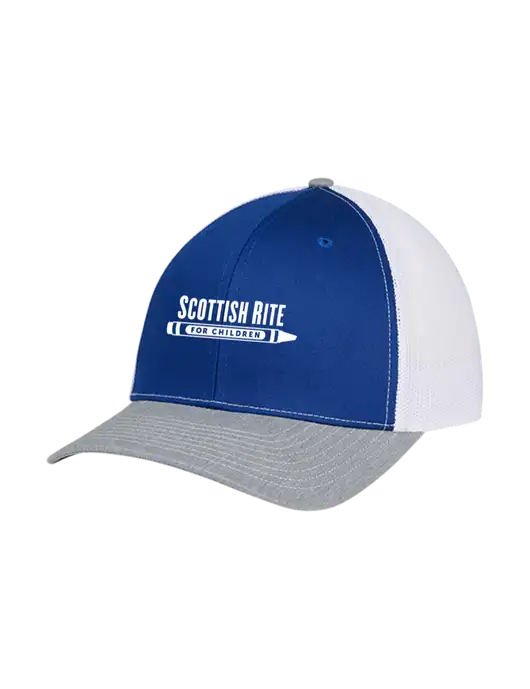 Richardson Adjustable Snapback Original 112 Trucker Cap Royal/HeatherGrey/White Mesh w/Scottish Rite for Children Logo