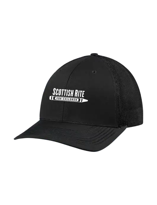 Richardson Adjustable Snapback Original 112 Trucker Cap Black w/Black Mesh w/Scottish Rite for Children Logo