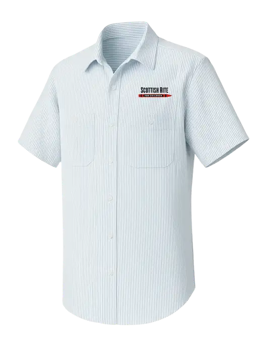 Red Kap Short Sleeve Striped White/Blue Industrial Work Shirt w/Scottish Rite for Children Logo