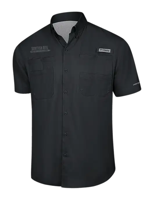 Columbia Black PFG Tamiami II Short Sleeve Shirt w/Scottish Rite for Children Logo