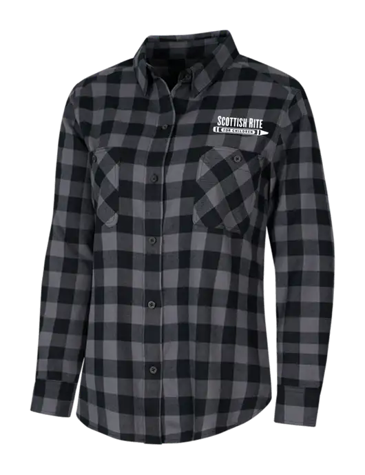 Womens Medium Grey/Black Buffalo Check Plaid Flannel Shirt w/Scottish Rite for Children Logo