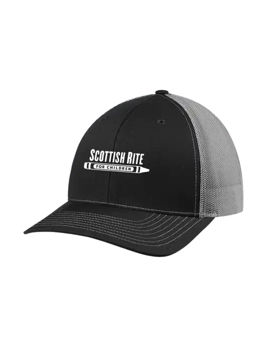 Richardson Adjustable Snapback Original 112 Trucker Cap Black w/Charcoal Mesh w/Scottish Rite for Children Logo
