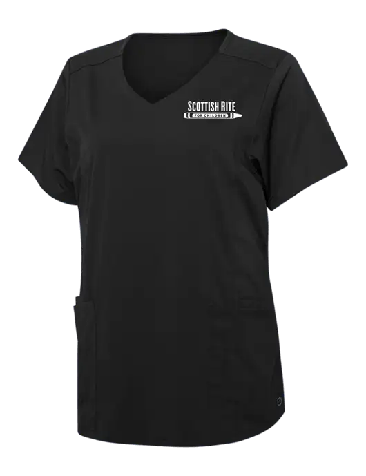 Wink Black Womens Premiere Flex Mock Wrap Top w/Scottish Rite for Children Logo