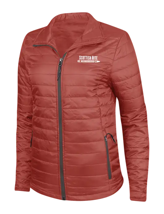 Dark Red Womens Puffy Packable Jacket w/Scottish Rite for Children Logo