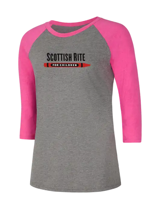 Womens Simply Soft 3/4 Sleeve Fuchsia Frost/Grey Frost Ring Spun Cotton T-Shirt w/Scottish Rite for Children Logo