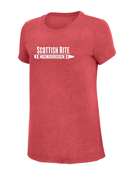 Womens Simply Soft Red Frost 4.5oz Poly/Combed Ring Spun Cotton T-Shirt w/Scottish Rite for Children Logo