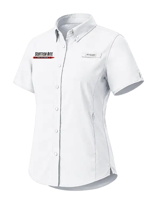 Columbia White Womens PFG Tamiami II Short Sleeve Shirt w/Scottish Rite for Children Logo