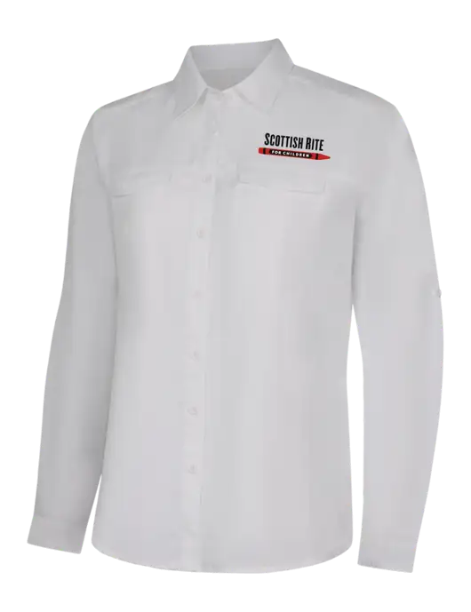 Womens White Long Sleeve UV Daybreak Shirt w/Scottish Rite for Children Logo