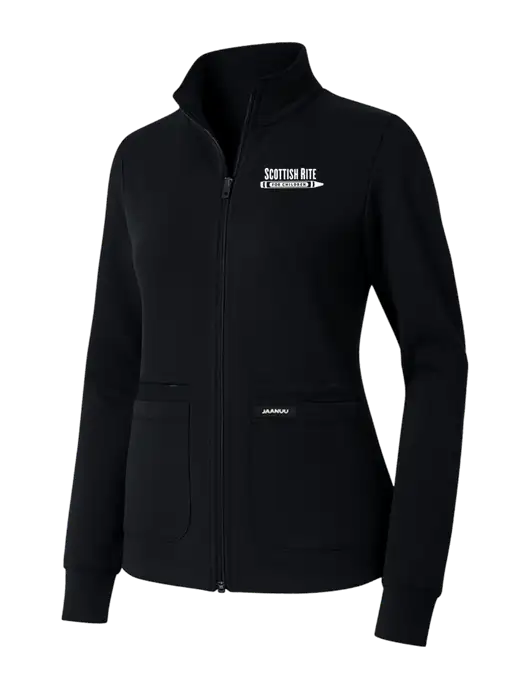 Jaanuu Womens Ceri Essential Black Full-Zip 6-Pocket Scrub Jacket w/Scottish Rite for Children Logo