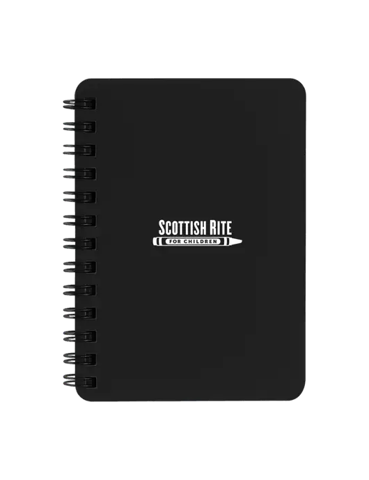 Sturdy Black Hardcover Notebook, 5.25 x 7 w/Scottish Rite for Children Logo