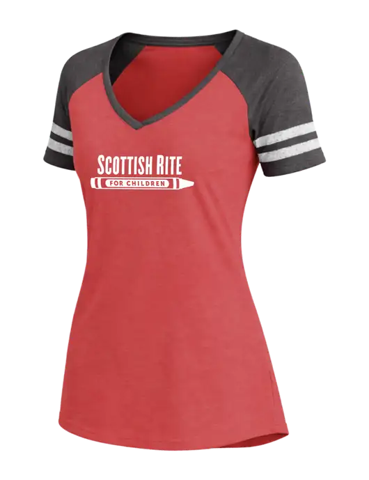 Womens Red Heather/Charcoal Heather V-Neck Game Tee w/Scottish Rite for Children Logo