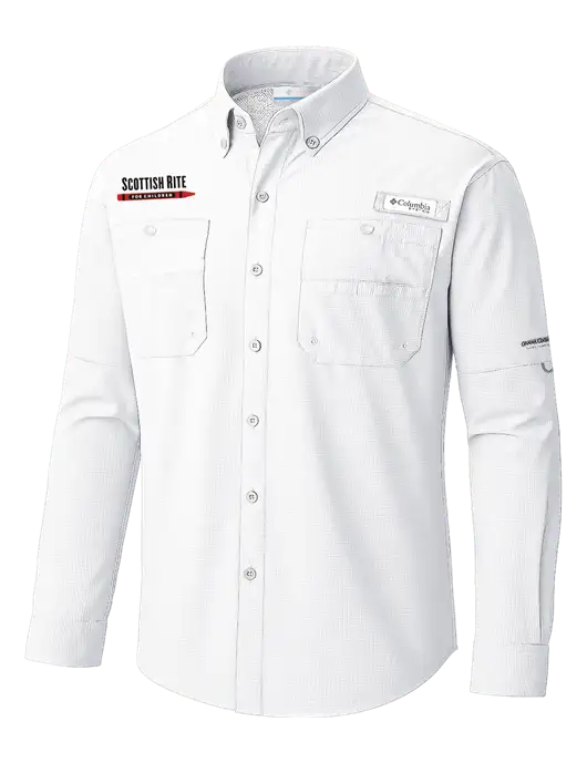 Columbia White PFG Tamiami II Long SleeveShirt w/Scottish Rite for Children Logo