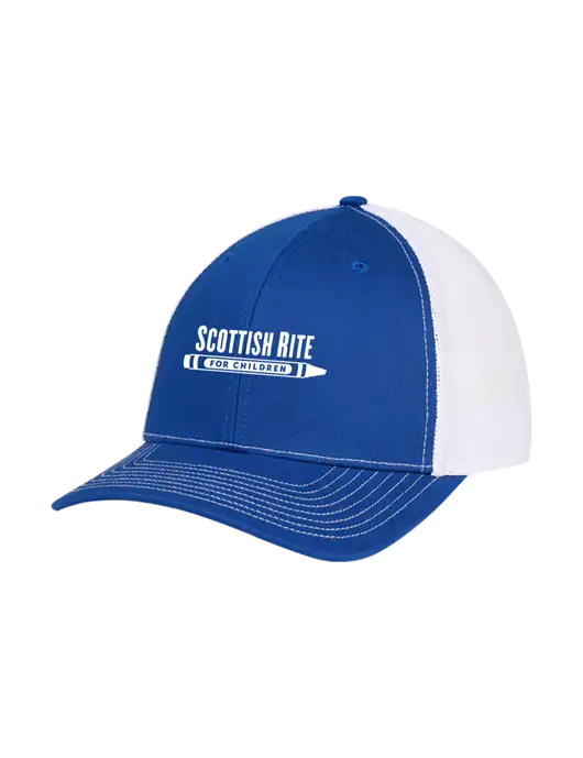 Richardson Adjustable Snapback Original 112 Trucker Cap Royal w/White Mesh w/Scottish Rite for Children Logo