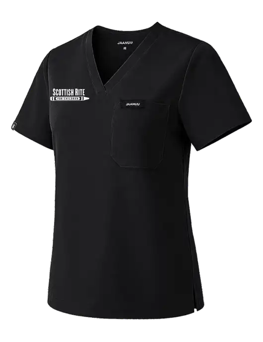 Jaanuu Womens Rhena Essential Black 1-Pocket Scrub V-Neck Top w/Scottish Rite for Children Logo