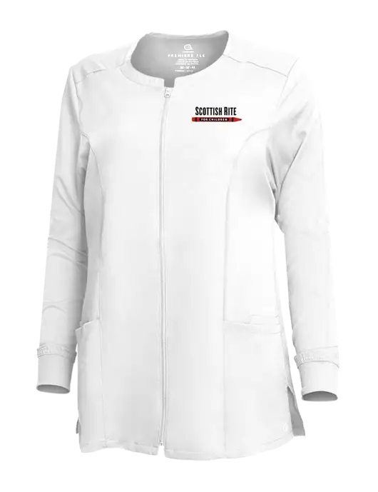 Wink Womens White Premiere Flex Full-Zip Scrub Jacket w/Scottish Rite for Children Logo